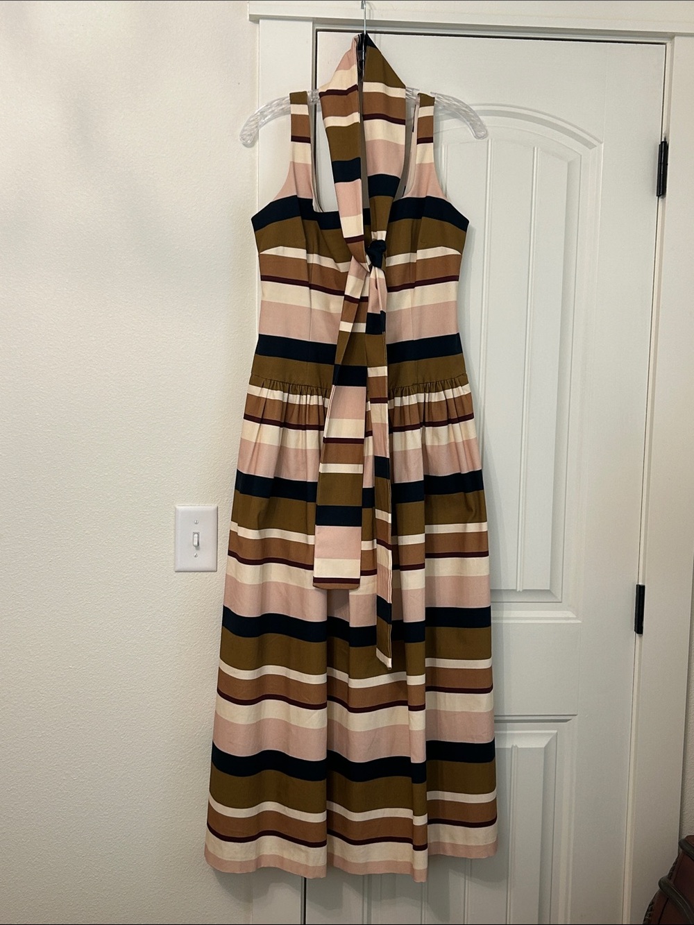 ANTONIO MELANI Striped Midi Dress in Blush, Olive & Navy with Tie Neck